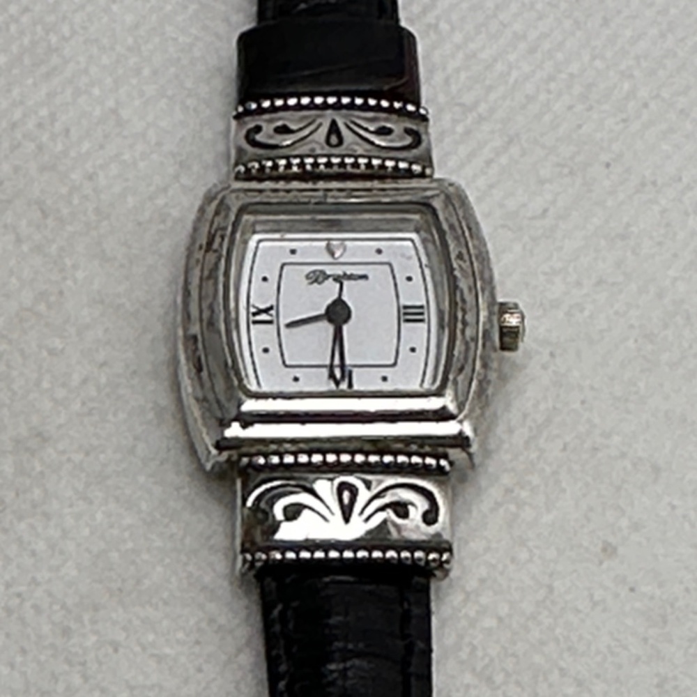 Brighton Silver Watch With Black Leather Strap